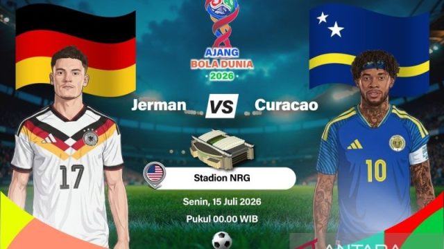 Grafik ilustrasi pertandingan penyisihan Grup E Piala Dunia 2026 antara Jerman melawan Curacao yang dijadwalkan berlangsung di Stadion NRG, Houston, Texas, Amerika Serikat, Minggu (14/6/2026) waktu setempat. ANTARA INFOGRAFIK